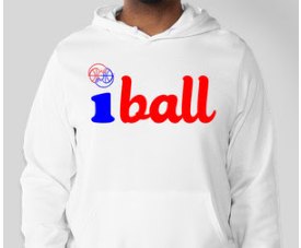 A man wearing a white hoodie with the word " 1 ball " written in red and blue.