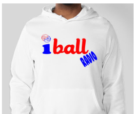 A man wearing a white hoodie with the word " iball radio ".