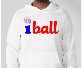 A man wearing a white hoodie with the word " 1 ball " written in red and blue.